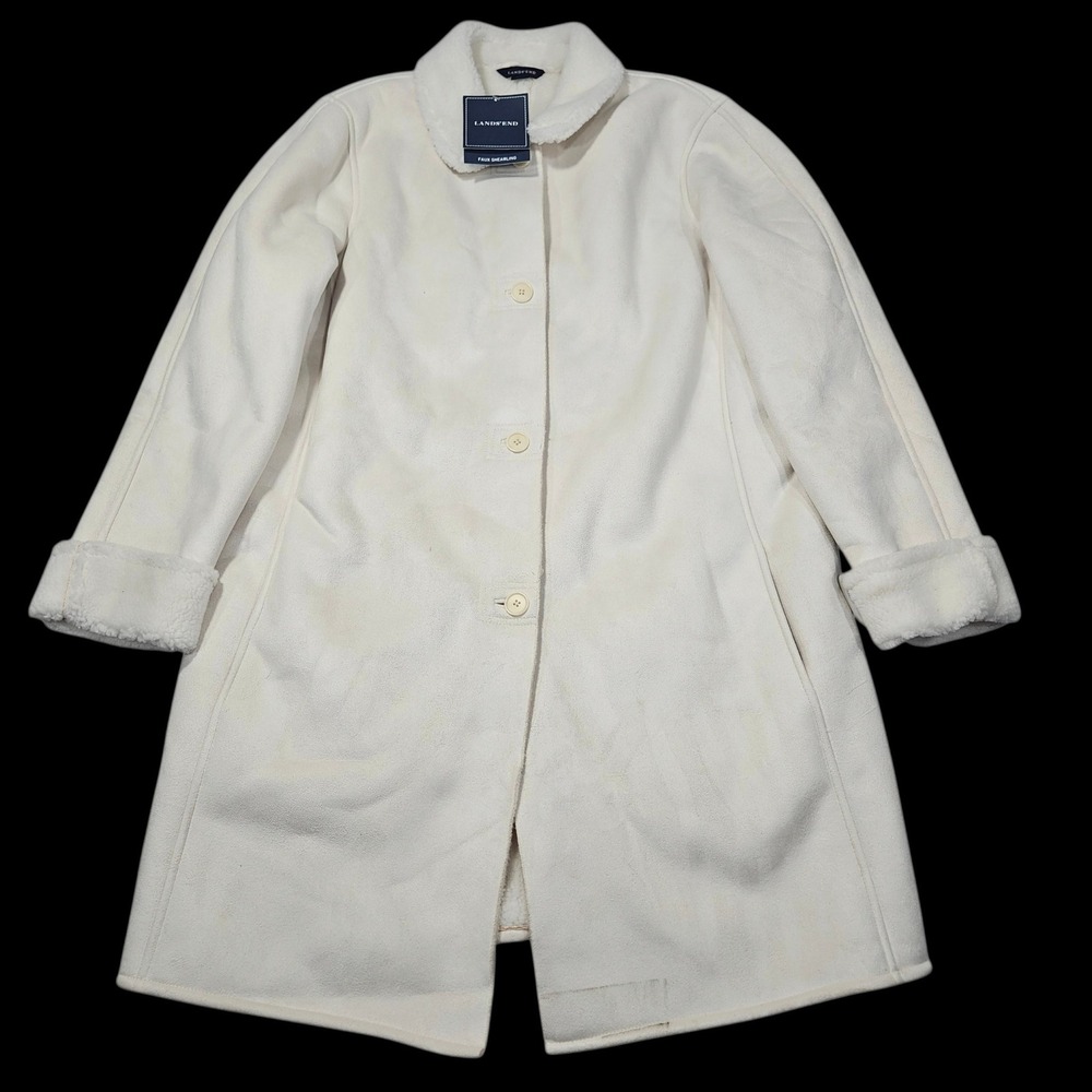Lands' End Faux Shearling Car Coat Sherpa Lined Cream White Sz L NWT